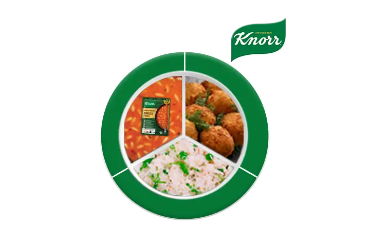 Çıtır Havuçlu Zencefilli Zerdeçallı Domates Çorbası, Balık Köfte, Bezelyeli Pilav