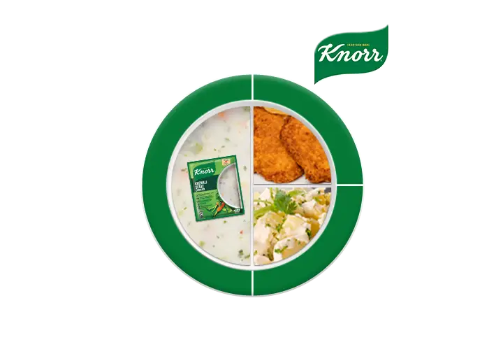 Taze Soğanlı Kremalı Sebze Çorbası, Tavuk Şnitzel, Patates Salatası